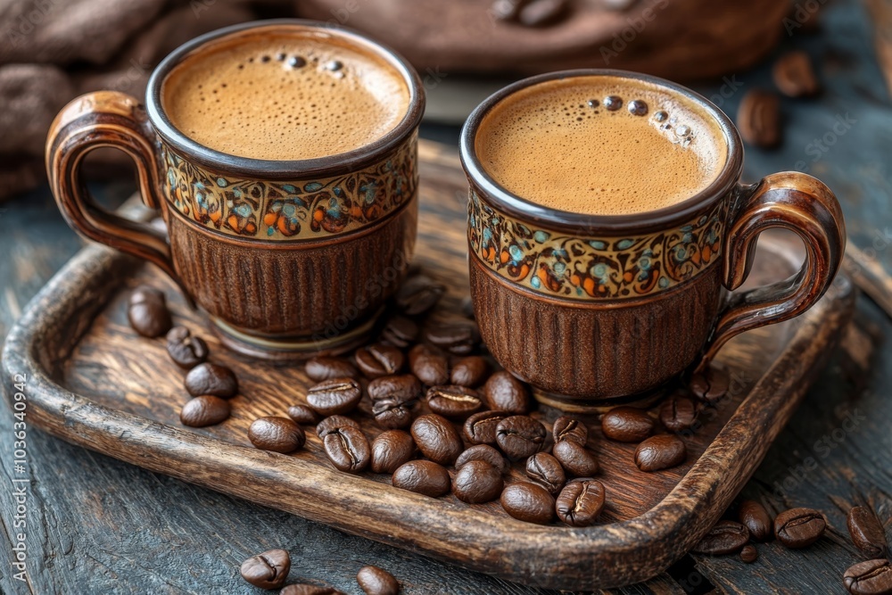 Two Cups of Coffee on Rustic Wooden Tray with Coffee Beans Two Cups of Coffee on Rustic Wooden Tray with Coffee Beans