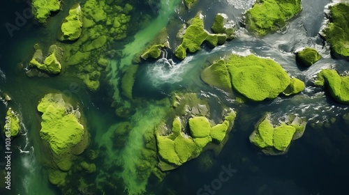 Aerial view of vibrant blooming algae on serene green river, showcasing nature’s beauty in stunning natural habitat with reflective waters and lush surroundings, ideal for environmental and scenic pho