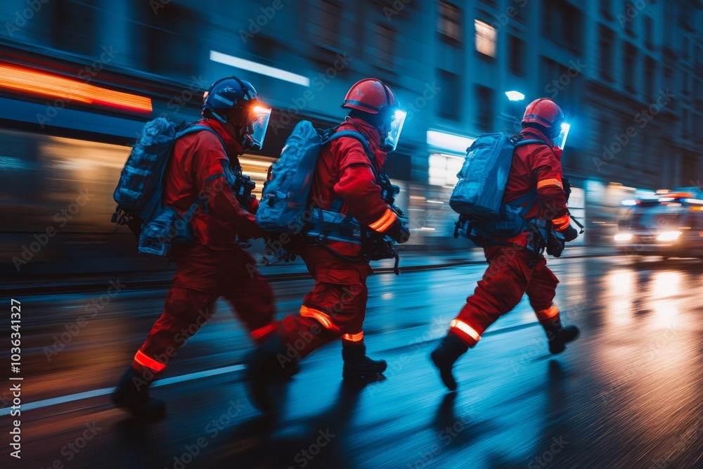 Obraz premium Firefighters Running in City Street at Night with Blurred Lights