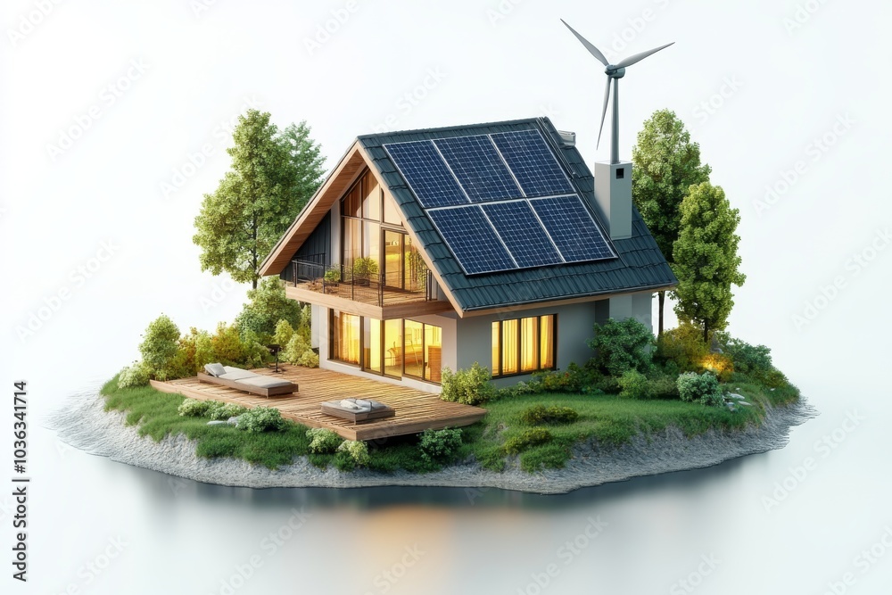 Sustainable Modern House with Solar Panels and Wind Turbine on a Green Island Sustainable Modern House with Solar Panels and Wind Turbine on a Green Island