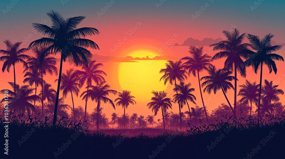 Palm tree silhouettes during sunrise or sunset in a tropical setting Palm tree silhouettes during sunrise or sunset in a tropical setting