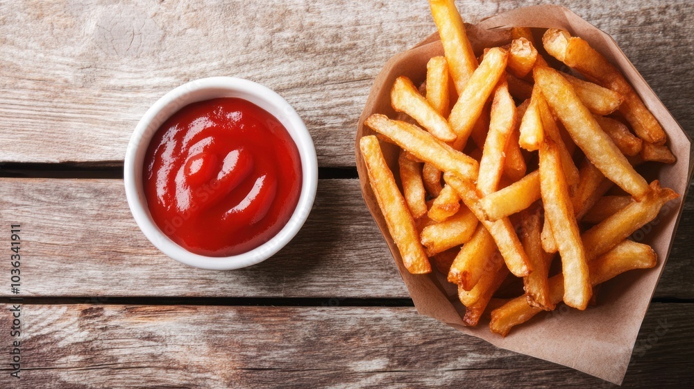 French Fries with Ketchup on Wooden Table French Fries with Ketchup on Wooden Table