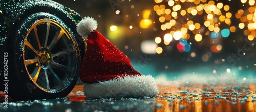 A quirky holiday scene featuring a Santa hat on a car wheel for festive flair.