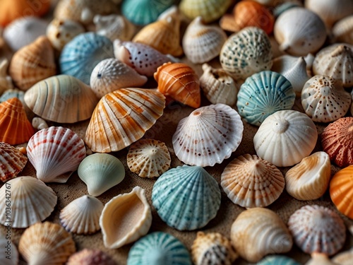 Vibrant and diverse seashells create a stunning background, perfect for beach themes, summer projects, and coastal decor and sea theme backdrop use.