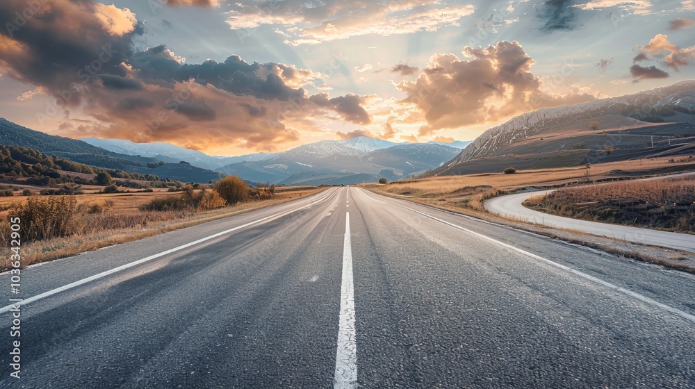 Naklejka premium Sunset landscape with asphalt road leading to majestic mountains under dramatic sky with vibrant clouds, scenic outdoor nature scene featuring serene countryside highway, rolling hills, and warm golde