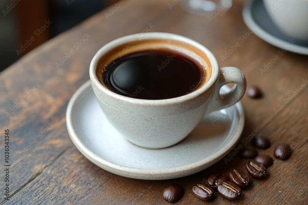 Freshly Brewed Coffee in White Mug on Wooden Table with Coffee Beans Freshly Brewed Coffee in White Mug on Wooden Table with Coffee Beans