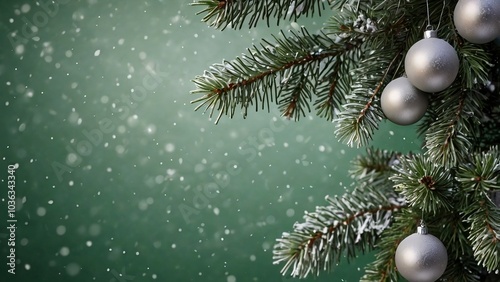 Christmas decoration balls hanging on a Christmas tree on a green background, featuring ample copy space for festive banners and wishes.