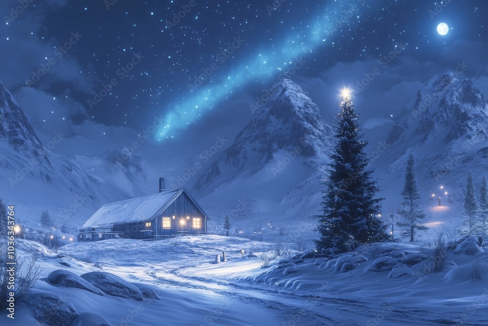 Cozy Cabin in Snowy Mountain Landscape with Starry Night Sky and Christmas Tree Cozy Cabin in Snowy Mountain Landscape with Starry Night Sky and Christmas Tree
