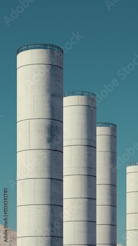 Modern industrial structures a study of concrete silos against a clear sky highlighting architectural design and urban aesthetics