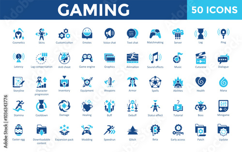 Gaming icon set with cosmetics, skins, customization, emotes, voice chat, text chat, matchmaking, server, lag, ping icon. Simple flat vector 
