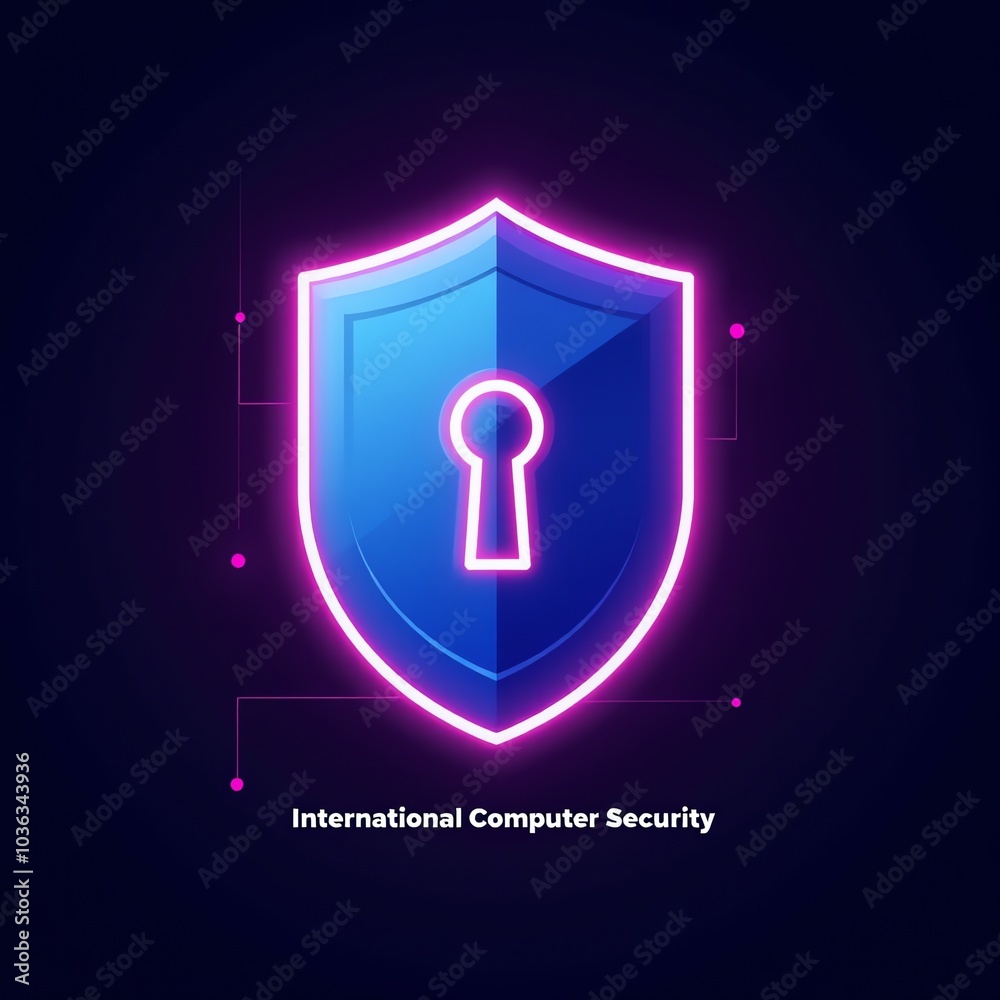 Graphic design of a shield with a keyhole in the center. The shield is blue and pink in color. Graphic design of a shield with a keyhole in the center. The shield is blue and pink in color.