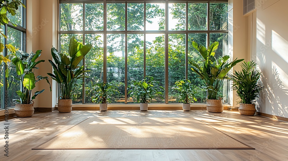 A spacious, sunlit room with a large window overlooking a lush green garden, perfect for yoga or meditation. A spacious, sunlit room with a large window overlooking a lush green garden, perfect for yoga or meditation.