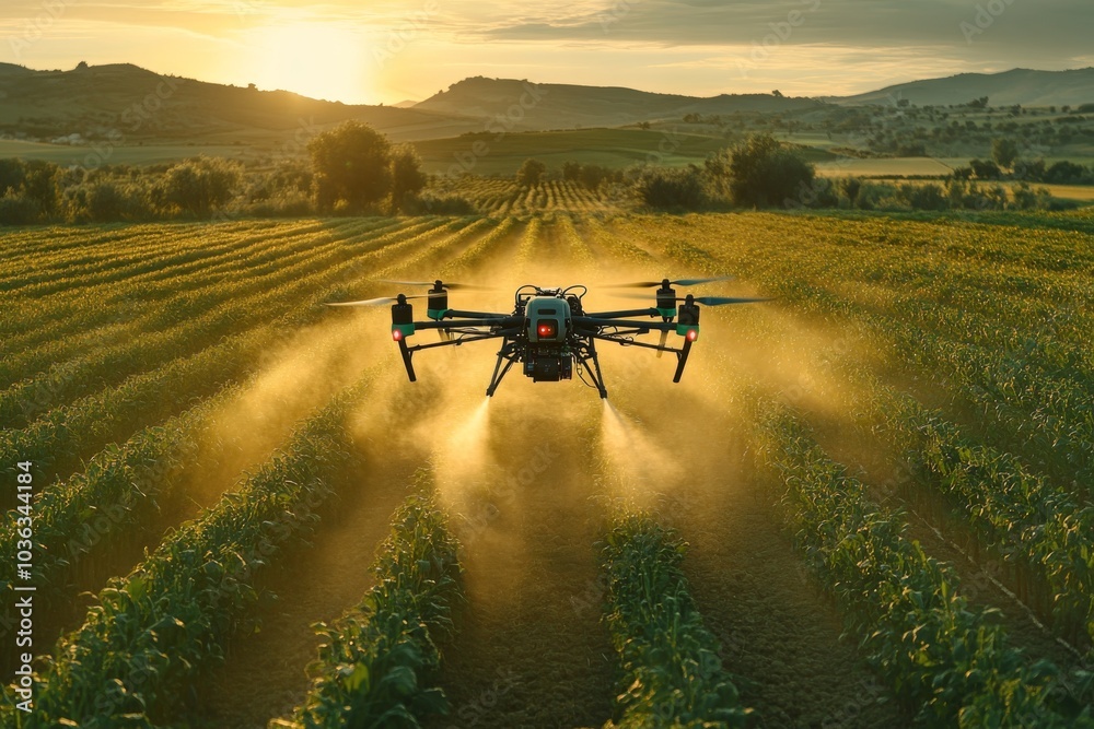 Drone Spraying Crops at Sunset Drone Spraying Crops at Sunset