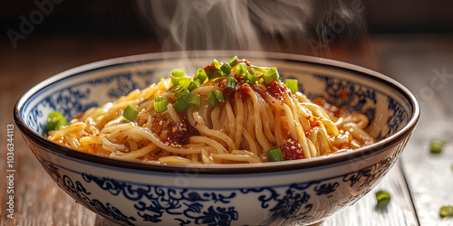 A bowl of noodles with chili sauce, generative AI