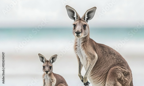 A mother kangaroo and her joey sit on the beach, looking directly at the camera.