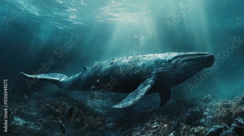 Humpback Whale Swimming Through Sunlit Ocean