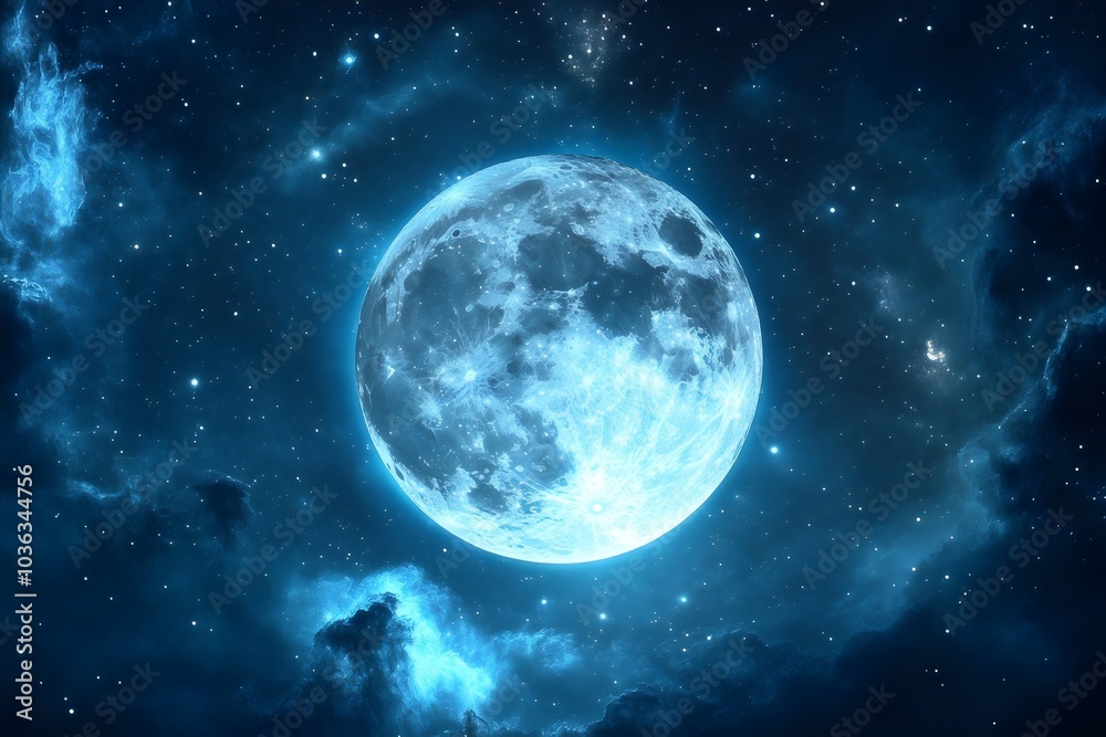 Shiny surreal blue moon glowing in the dark night sky with stars and clouds background for space, galaxy, astronomy concept Shiny surreal blue moon glowing in the dark night sky with stars and clouds background for space, galaxy, astronomy concept