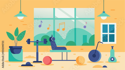 Soft music plays throughout the gym creating a soothing and relaxing environment.. Vector illustration