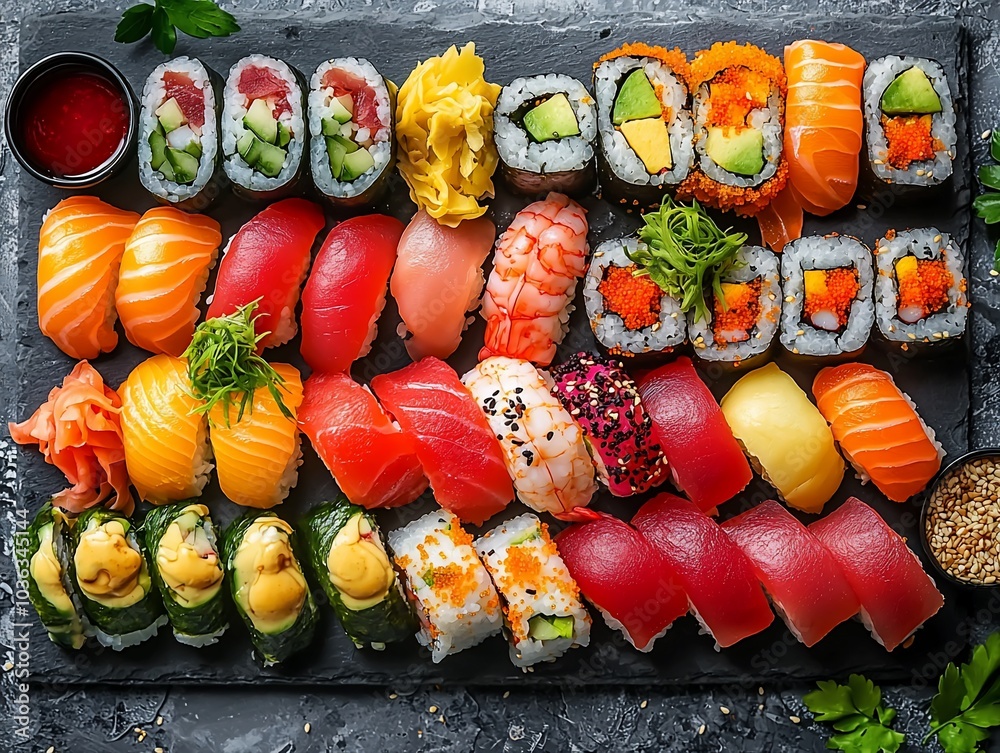 A variety of sushi rolls and nigiri on a black slate platter with soy sauce and sesame seeds. A variety of sushi rolls and nigiri on a black slate platter with soy sauce and sesame seeds.