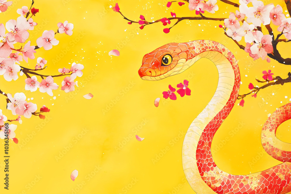 Obraz premium Watercolor red snake slithering amongst pink cherry blossoms on yellow background for Asian lunar new year design and illustration