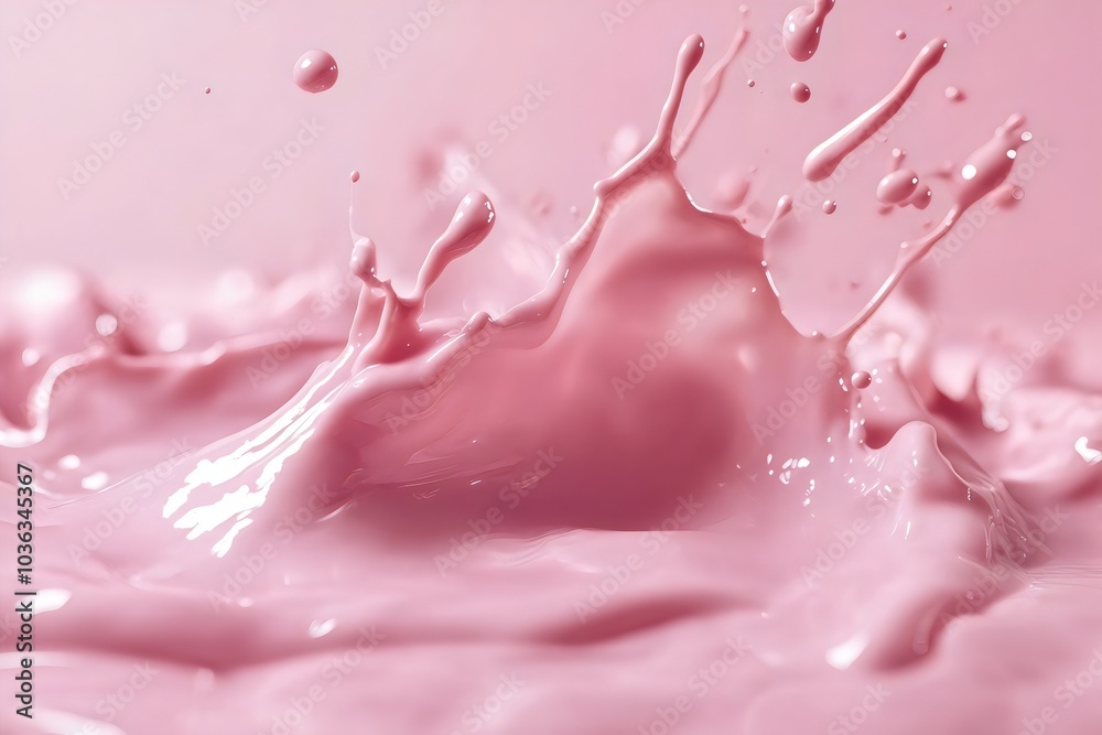 Viscous pink liquid splashing and making a crown shape on pastel background for milk and yoghurt food design Viscous pink liquid splashing and making a crown shape on pastel background for milk and yoghurt food design
