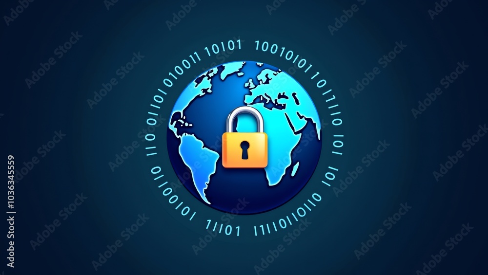 Fototapeta premium Digital illustration of a blue globe with a yellow padlock in the center. The globe is surrounded by a circle of binary code.