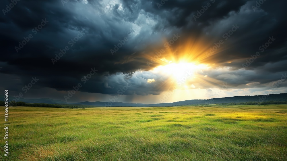 Field of grass with a dark sky and a bright sun. The sun is shining through the clouds, creating a beautiful contrast between the dark sky and the bright sun