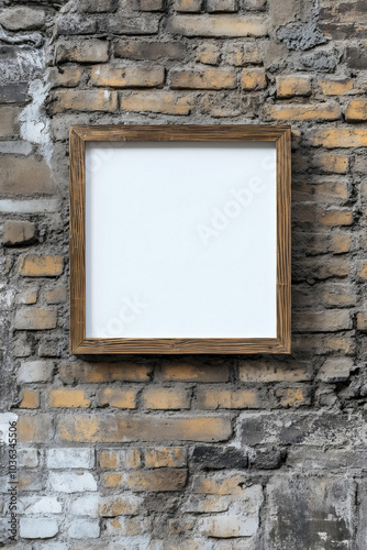 Empty wooden square frame hanging on grungy urban brick wall with copy space for mockup and display design photo