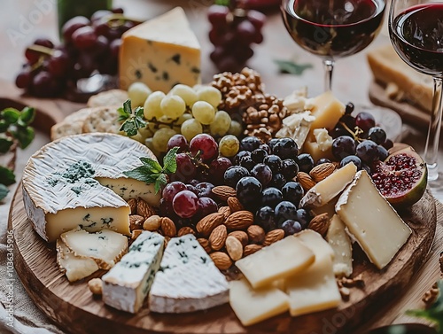 A wooden board filled with a variety of cheeses, grapes, figs, almonds, walnuts, and two glasses of red wine.