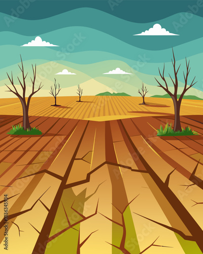 An empty cracked farmers field where years of intensive farming and use of pesticides have left the soil infertile and barren.. Vector illustration