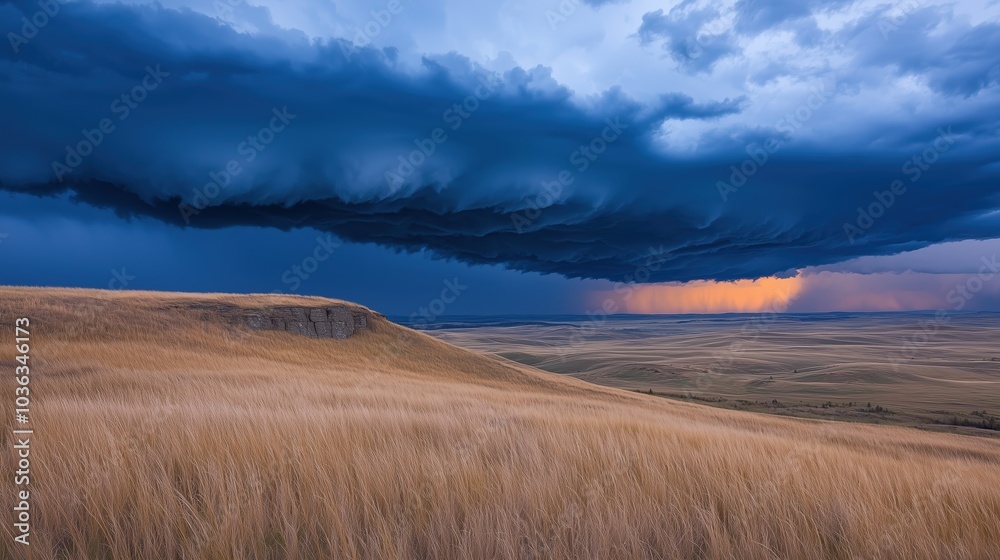 Storm cloud is looming over a field of tall grass. The sky is dark and ominous, and the clouds are thick and heavy. Scene is tense and foreboding, as if something is about to happen Storm cloud is looming over a field of tall grass. The sky is dark and ominous, and the clouds are thick and heavy. Scene is tense and foreboding, as if something is about to happen