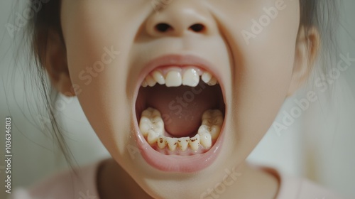 2408 4.An Asian child with their mouth open, displaying noticeable dental caries in their upper teeth. The cavities are dark and visible, emphasizing the need for dental care. photo