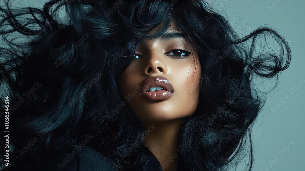 Stunning Woman with Flowing Dark Hair and Glossy Lips Stunning Woman with Flowing Dark Hair and Glossy Lips