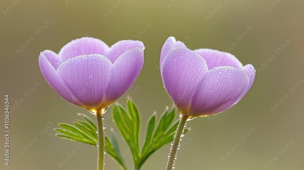 Obraz premium Two beautiful pink flowers with green leaves are standing in a field. The flowers are slightly wet, and the leaves are lush and green. The scene is serene and peaceful, with the flowers