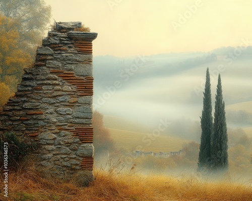 Ethereal Tuscany Landscape with Ancient Stone Ruins, Cypress Trees, and Serene Morning Mist Capturing the Timeless Beauty and Tranquility of Italian Countryside