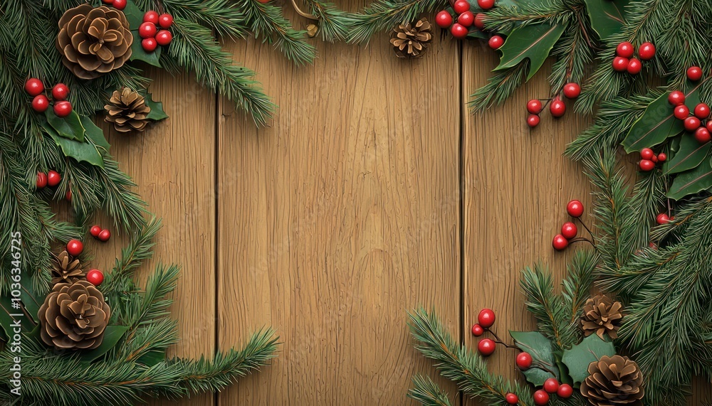 Festive wooden frame enclosing evergreens and red berries. Festive wooden frame enclosing evergreens and red berries.