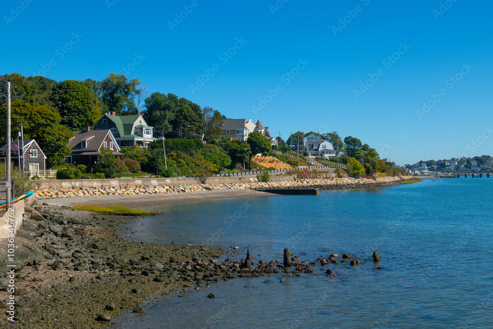 Historic waterfront houses in Hull Village in Hingham Bay, Boston Harbor in town of Hull, Massachusetts MA, USA. Historic waterfront houses in Hull Village in Hingham Bay, Boston Harbor in town of Hull, Massachusetts MA, USA.
