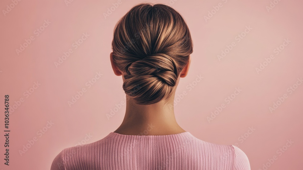 Fototapeta premium Elegant Woman with Classic Hair Bun against Pink Background