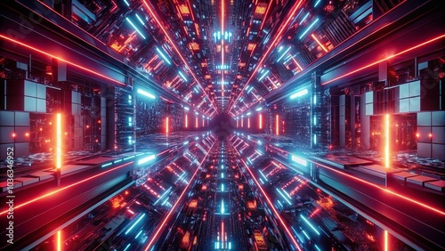 A futuristic corridor with glowing red and blue lines, a digital portal to another dimension