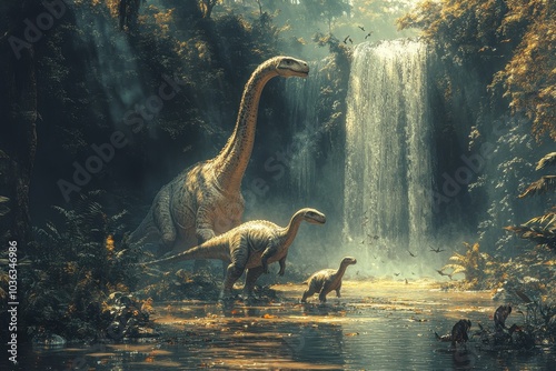 Fototapeta Naklejka Na Ścianę i Meble -  Brachiosaurus and Baby Standing Tall with Long Necks in a Jungle Near Waterfalls, Surrounded by Lush Green Trees and Wildlife, Realistic Digital Art  
