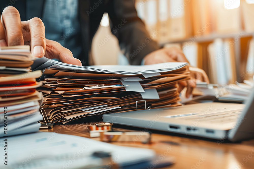 Fototapeta premium Businessman hands searching information in Stack of papers files on work in office, business report paper or piles of unfinished documents achieves with clips on offices Business concept
