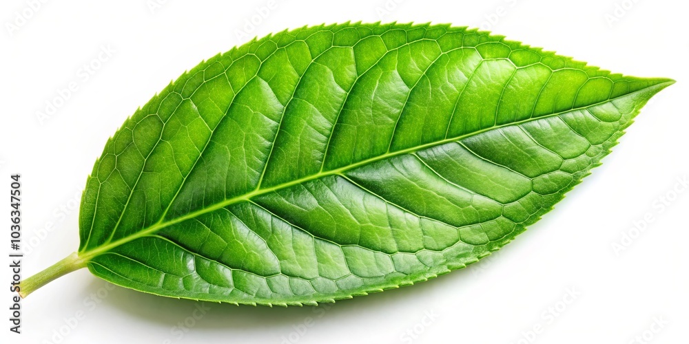 Obraz premium A Single Green Leaf with Delicate Veins and a Jagged Edge, Isolated Against a Pure White Background