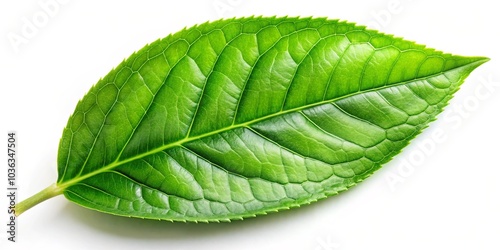 A Single Green Leaf with Delicate Veins and a Jagged Edge, Isolated Against a Pure White Background