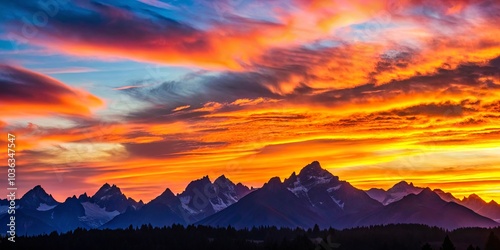 A Dramatic Tapestry of Crimson and Gold, Where Mountains Rise to Meet the Blazing Sky