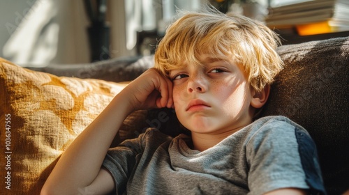 2408 49.A blond-haired preschool boy, sitting uncomfortably on a couch at home, with one hand on his swollen face. His expression reflects the agony of a toothache, as the summer sun filters through photo