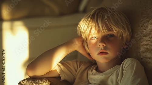 2408 49.A blond-haired preschool boy, sitting uncomfortably on a couch at home, with one hand on his swollen face. His expression reflects the agony of a toothache, as the summer sun filters through photo