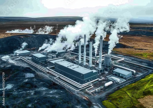 Aerial View of Geothermal Power Plant with Steam Emissions in Remote Landscape - Sustainable Clean Energy Technology and Renewable Resource Utilization photo