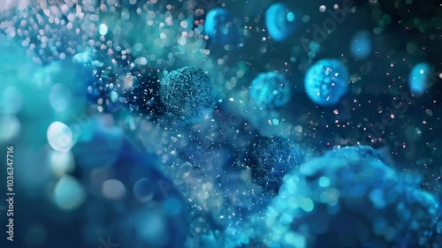 Vibrant blue cells float amid sparkling particles in a dark and dynamic environment