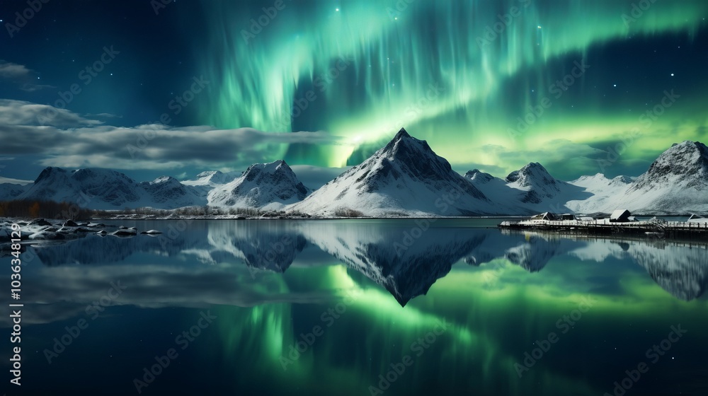 Breathtaking aurora borealis over lofoten islands in norway with stunning night sky and vibrant polar lights reflecting on calm water, winter landscape featuring natural phenomena and majestic norther Breathtaking aurora borealis over lofoten islands in norway with stunning night sky and vibrant polar lights reflecting on calm water, winter landscape featuring natural phenomena and majestic norther