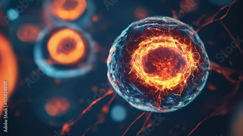 Colorful blue cells with glowing orange centers are illustrated in a detailed microscopic view, showcasing their complex structure and interactions